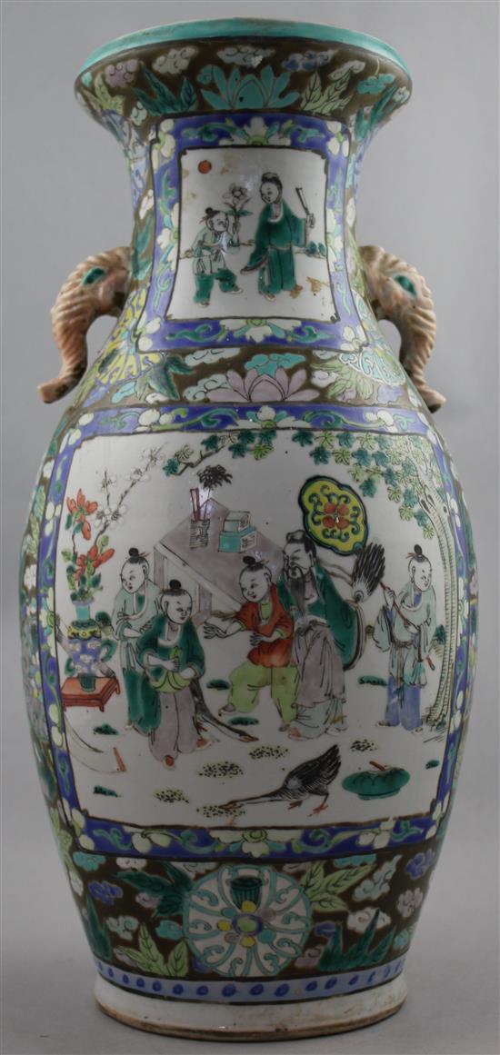 A Chinese famille verte two handled vase, late 19th / early 20th century, 38cm